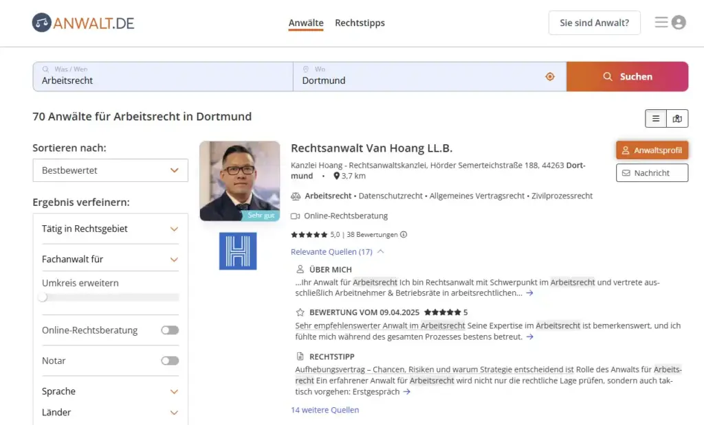 Bestbewertet Arbeitsrecht Dortmund Anwalt.de - Kanzlei Hoang Anwalt Arbeitsrecht